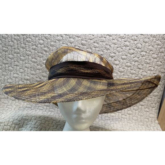 VTG Saks Fifth Ave Gold Brown Straw Hat NWT Wide Brim Italy Sun OS main image 6